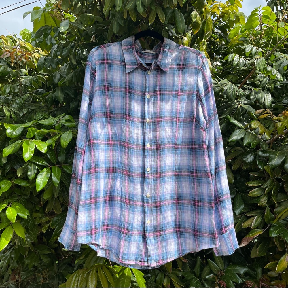 CP Shades Blue and Pink linen plaid button-up blouse -LIKE NEW!